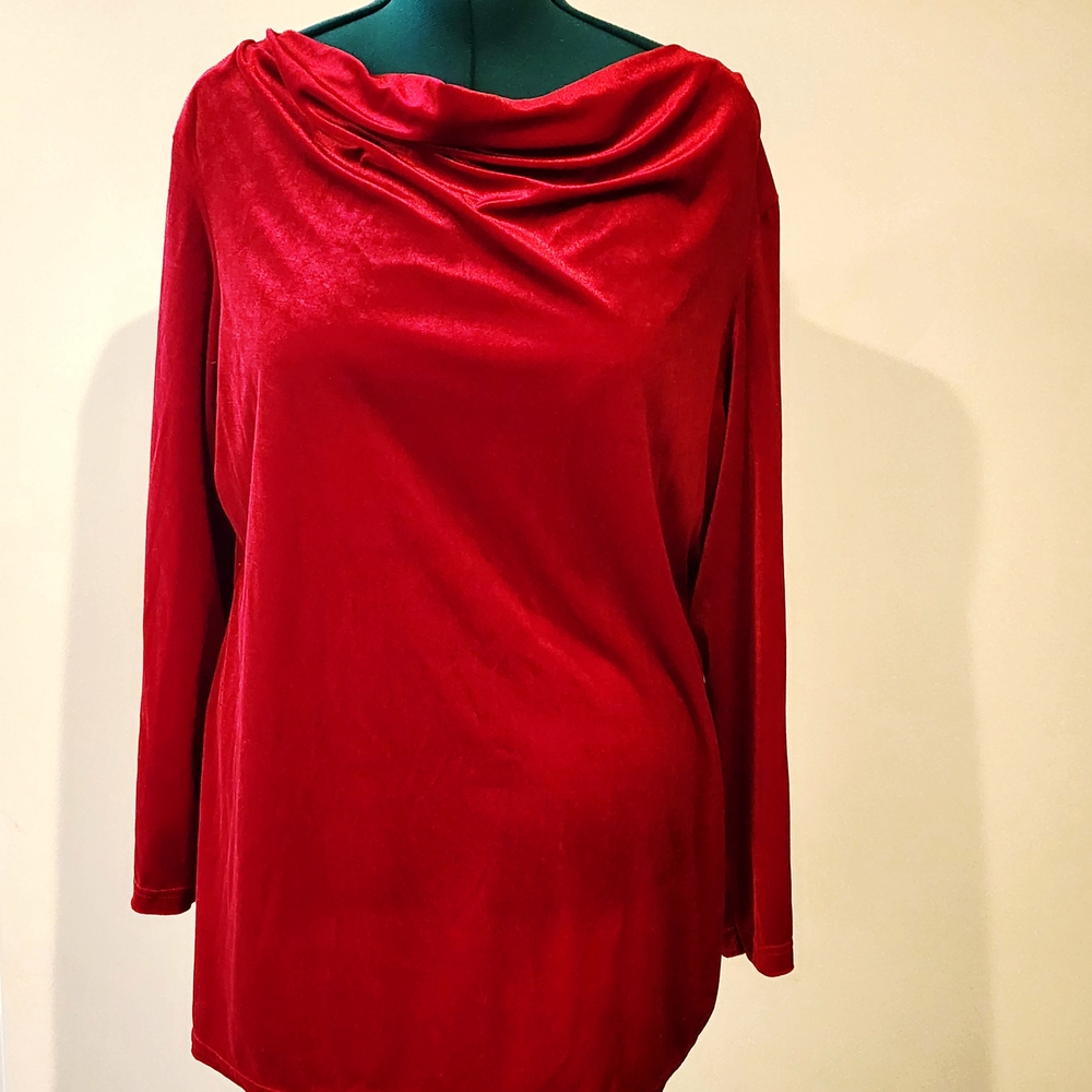 Vintage 80s/Early 90s Forenza Red Silky Velour Draped Cowl Neck Top Shirt XL Wom